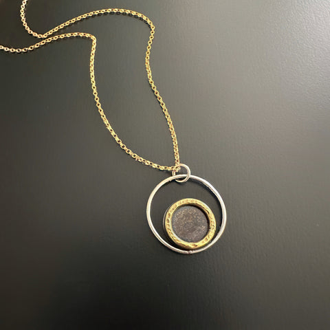 Path of Totality, eclipse inspired necklace with 14k gold-filled chain.