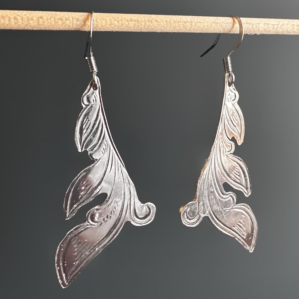 Silver earrings handcut from vintage silverplate in a leafy flourish engraved design. The french hook style ear wires are 304 grade surgical steel.