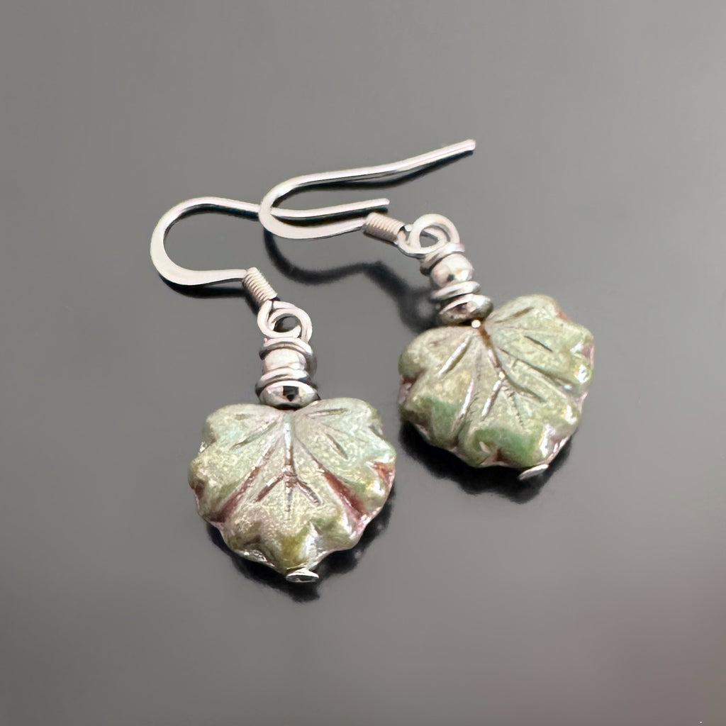 Glass Leaf Earrings, choose from green, pale green or pink