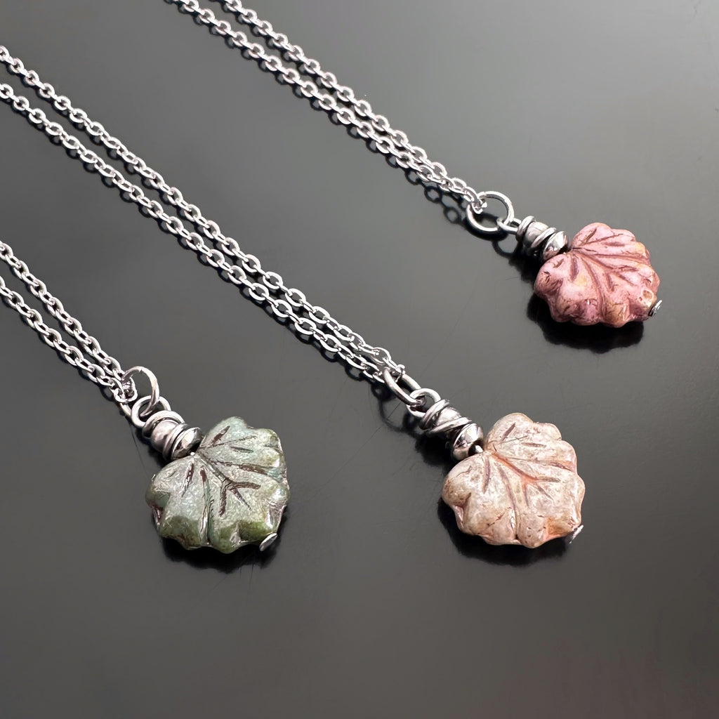 Glass Leaf Pendant Necklace, choose from green, pale green or pink