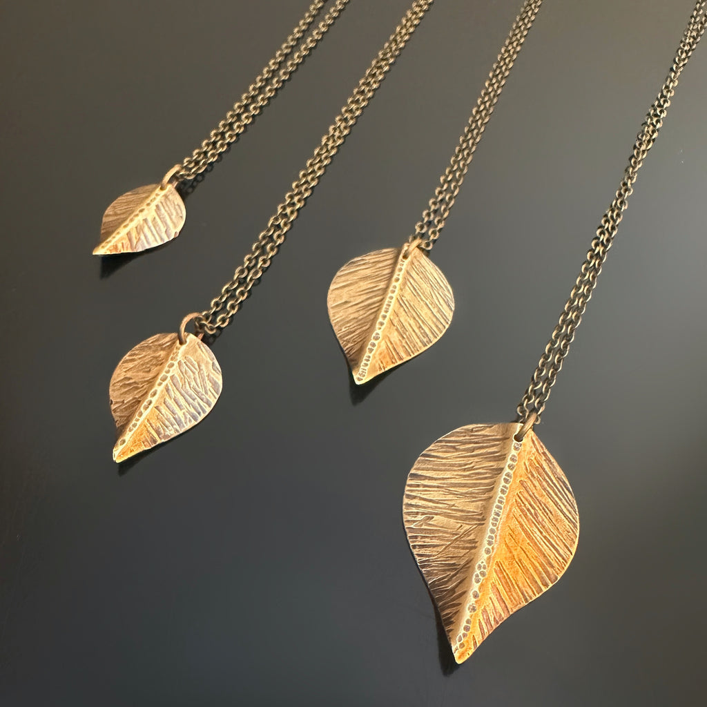Necklace, Hand formed and hammer textured leaves made of oxidized brass, choose from four sizes.