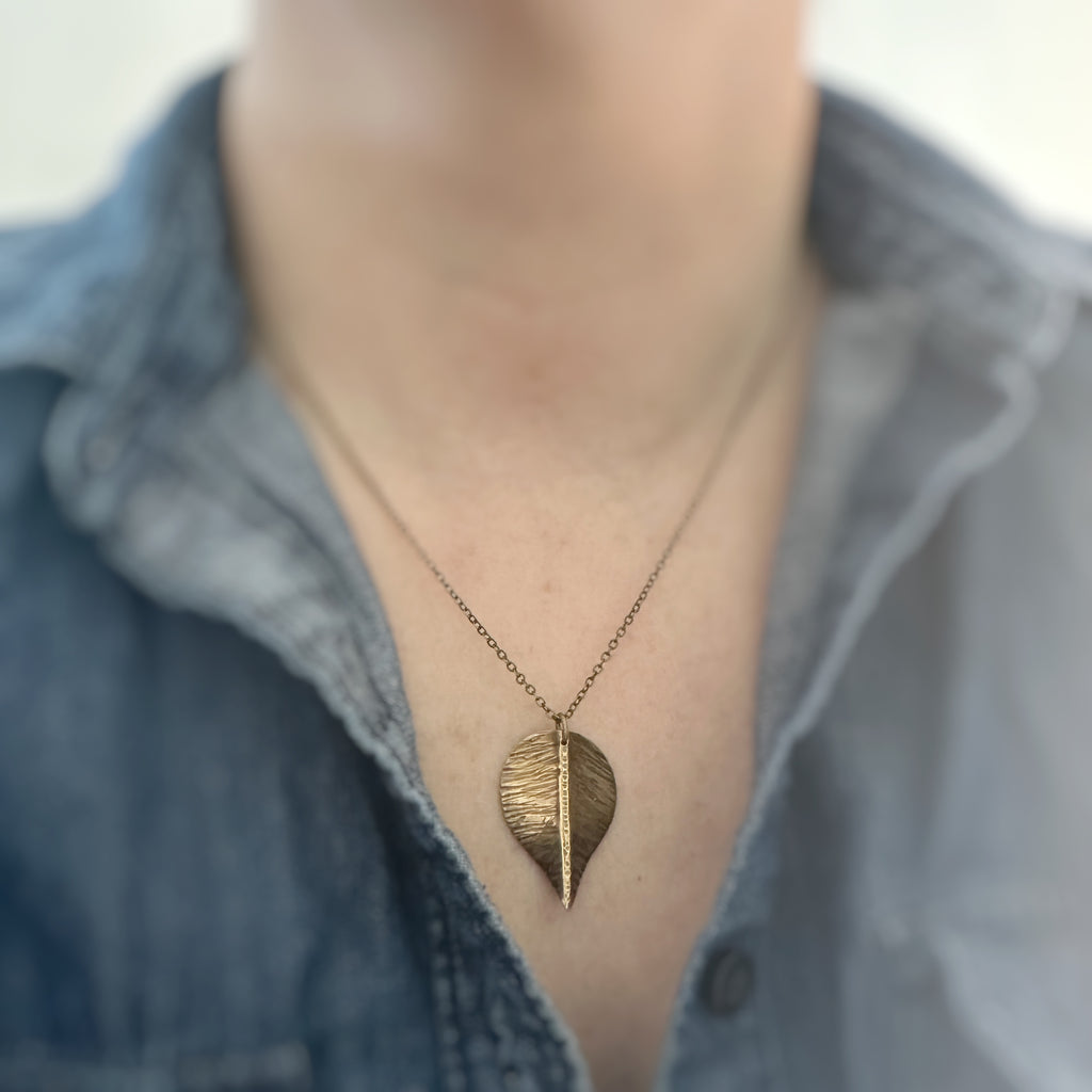 extra large necklace, hand formed and hammer textured leaves made of oxidized brass, choose from four sizes.