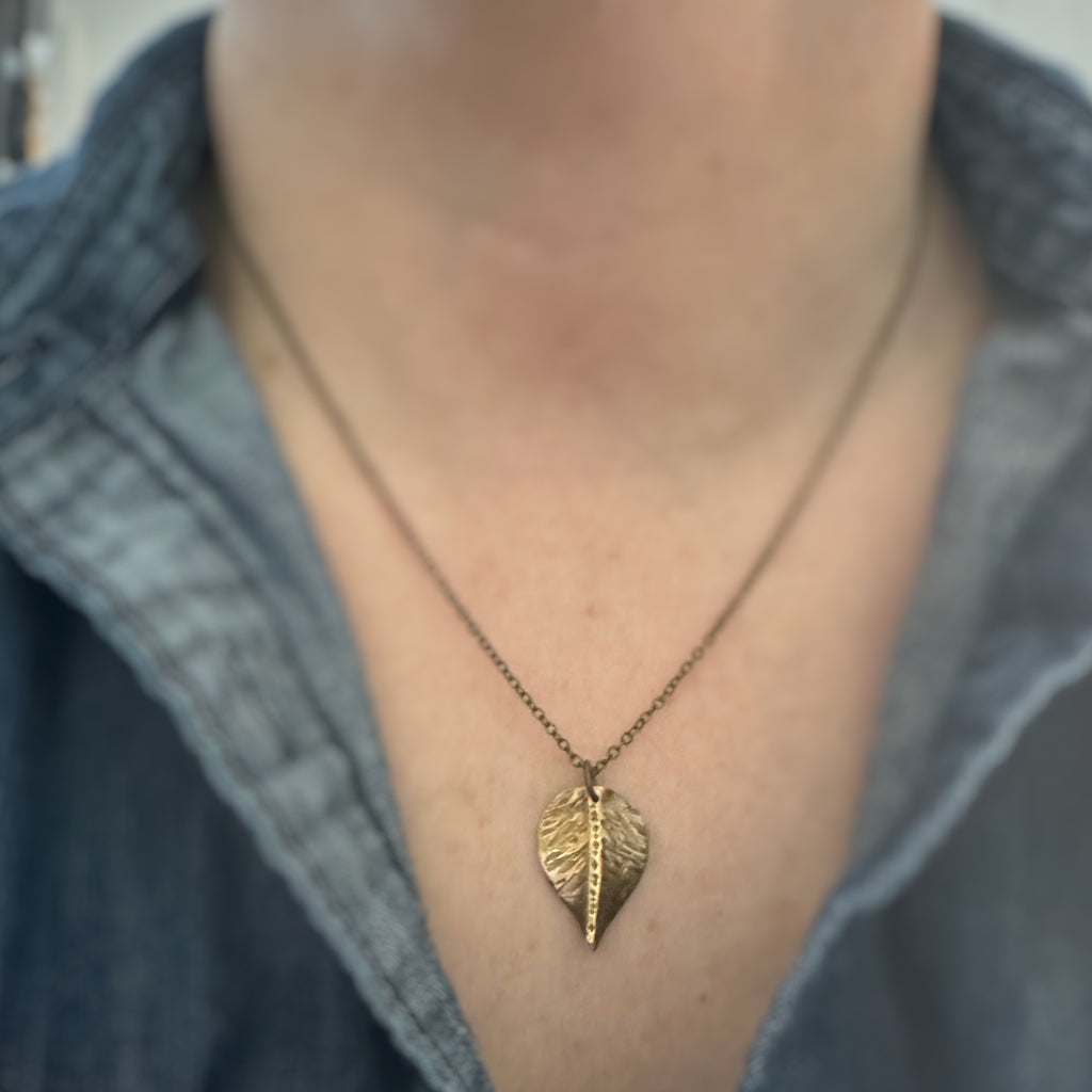 medium necklace, Hand formed and hammer textured leaves made of oxidized brass, choose from four sizes.