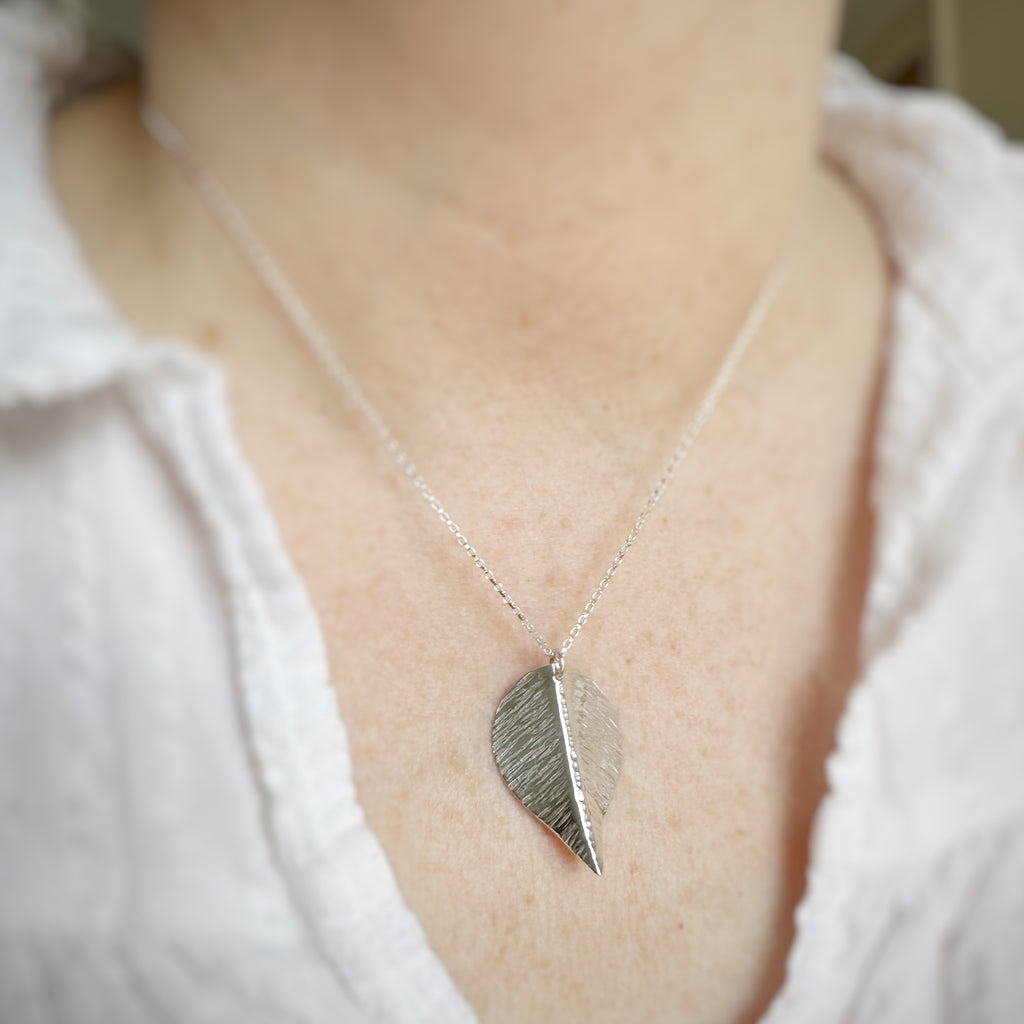 extra large handmade sterling silver leaf pendant necklace