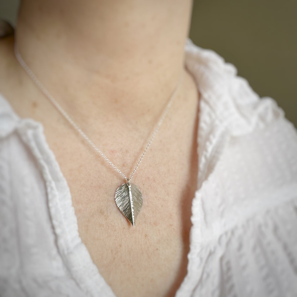 large handmade sterling silver leaf pendant necklace