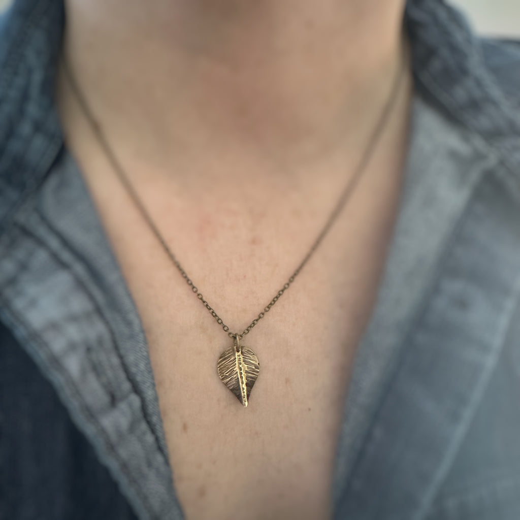 Small Necklace, Hand formed and hammer textured leaves made of oxidized brass, choose from four sizes.