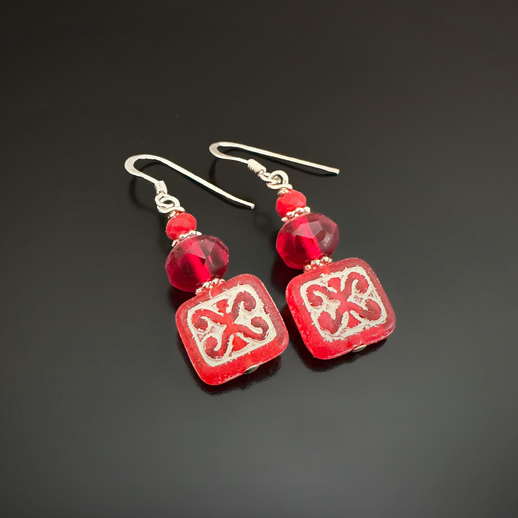 Ornamental Red Czech Glass Earrings