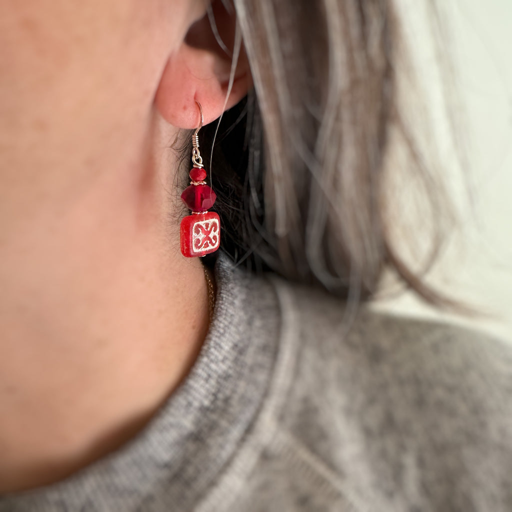 Ornamental Red Czech Glass Earrings