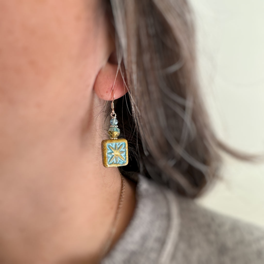 Turquoise Starburst Czech Glass Earrings