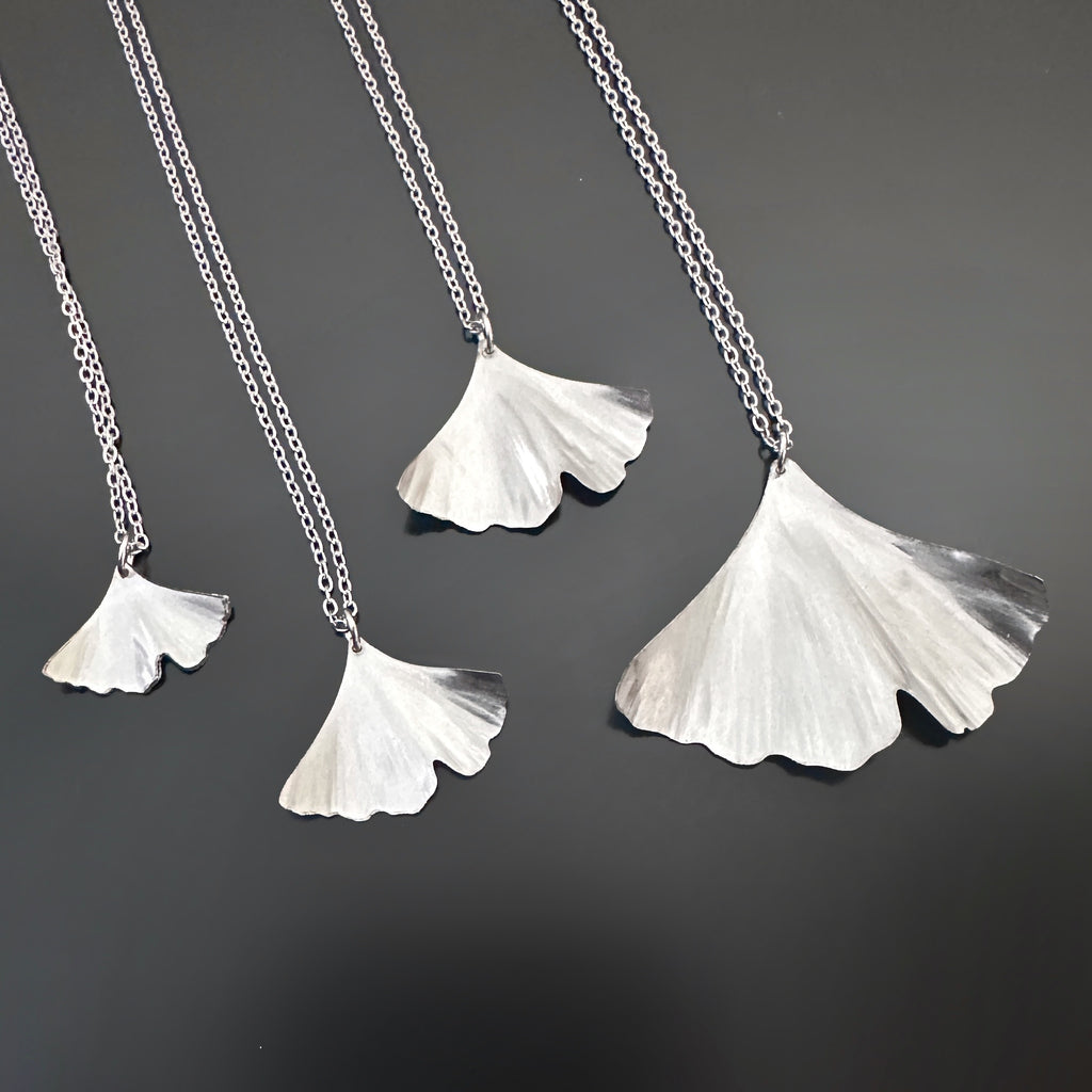 surgical grade 304 stainless steel handmade ginkgo leaf pendant necklaces in four different size options