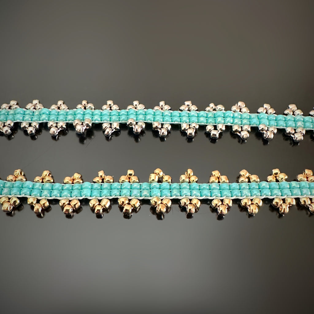 Turquoise hand stitched beaded bracelets with either gold or silver accents