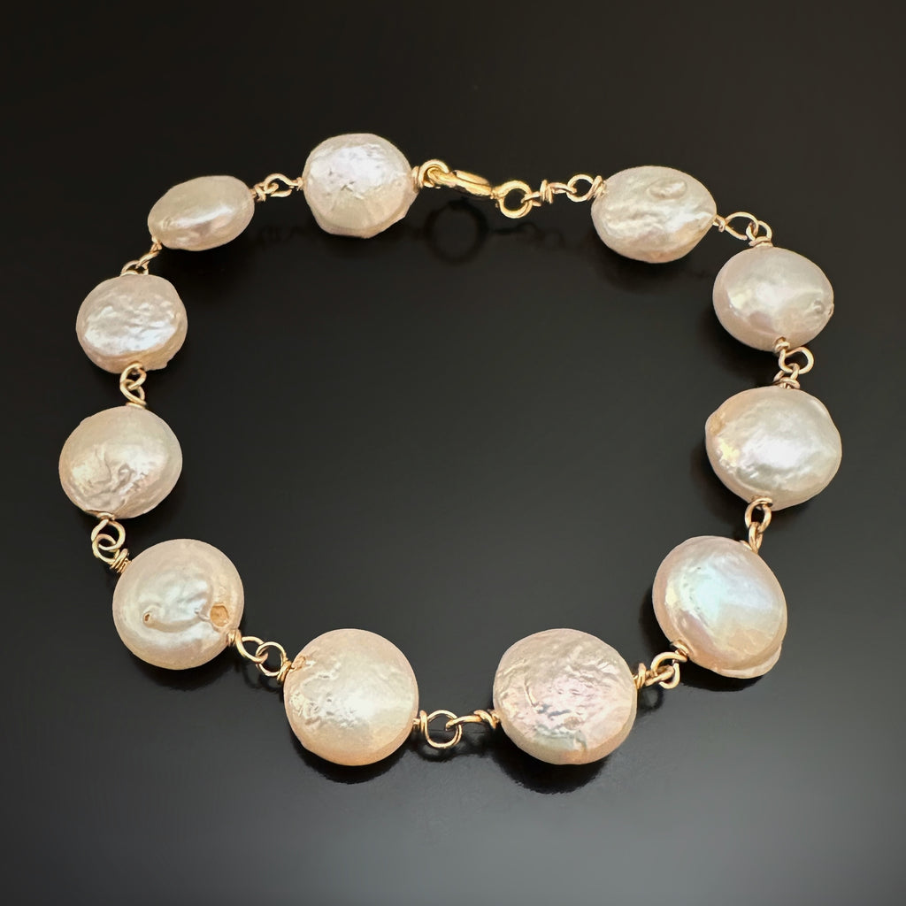 White Freshwater Coin Pearl Bracelet, hand made 14k gold-filled links