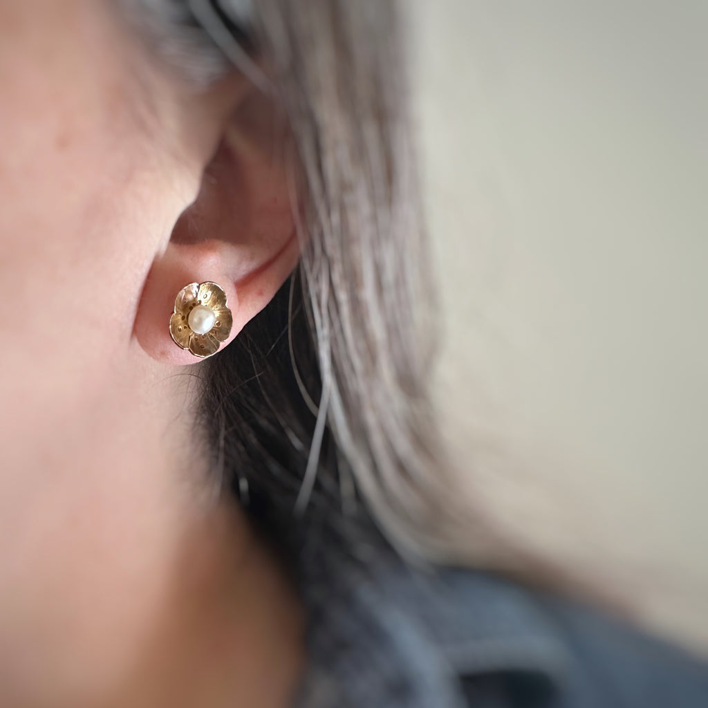 Wild Rose with White Freshwater Pearl, brass with surgical steel post earrings