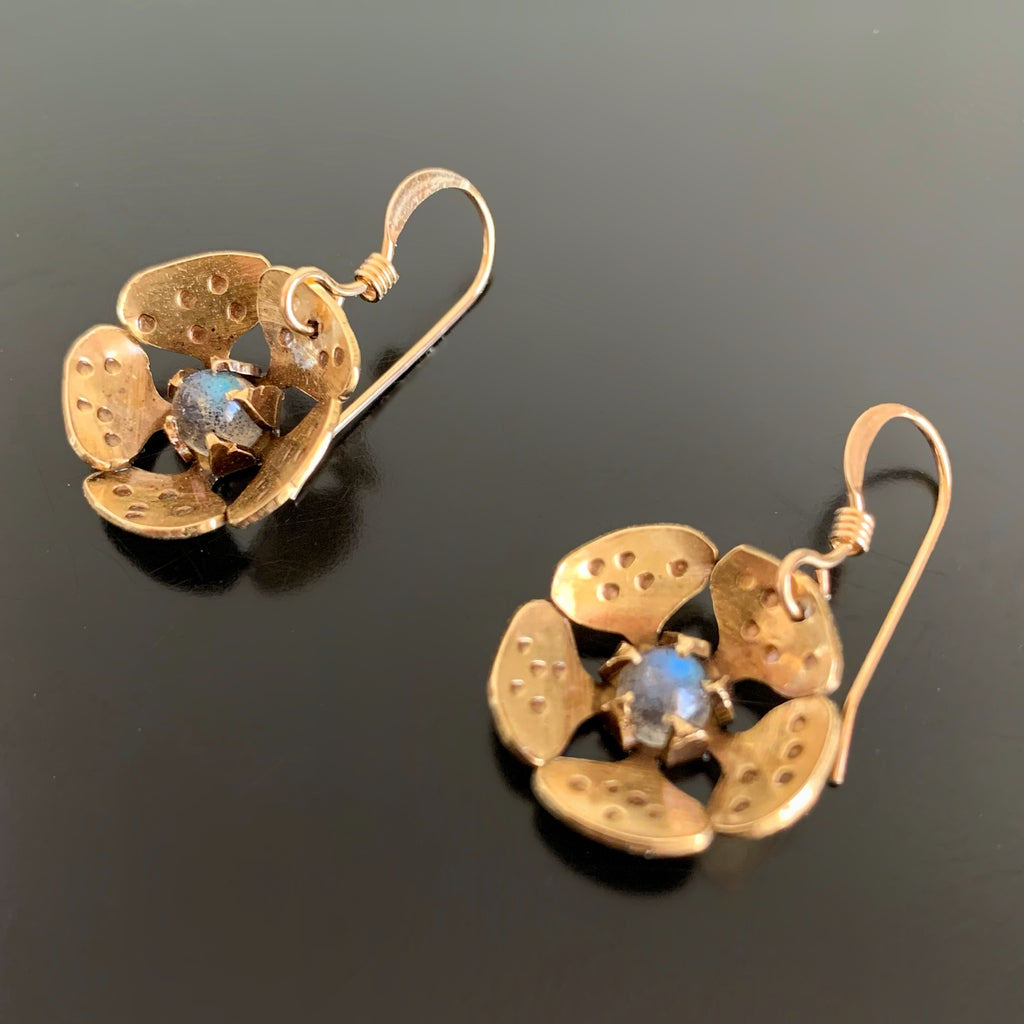gold brass cherry blossom earrings with labradorite stone