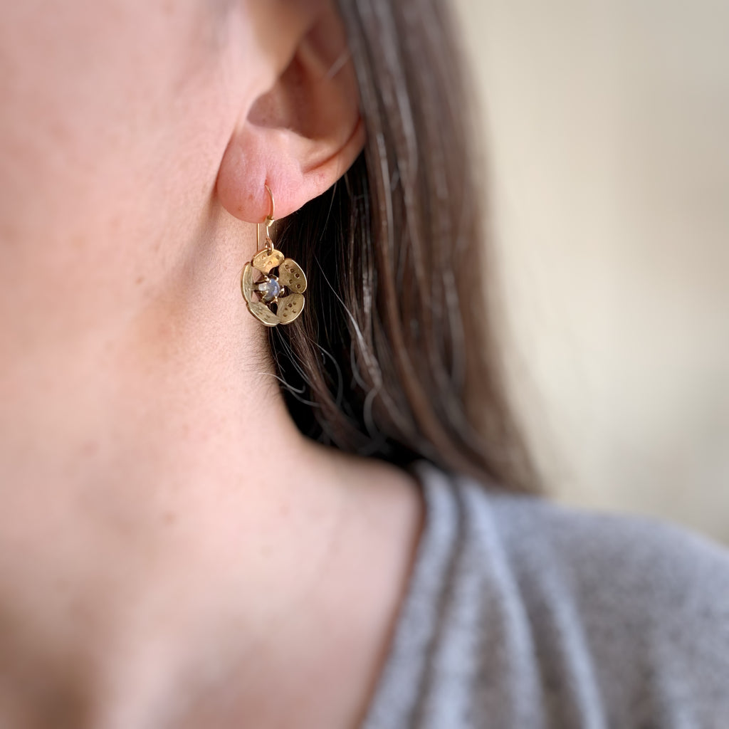 golden brass cherry blossom flower earrings with labradorite stone