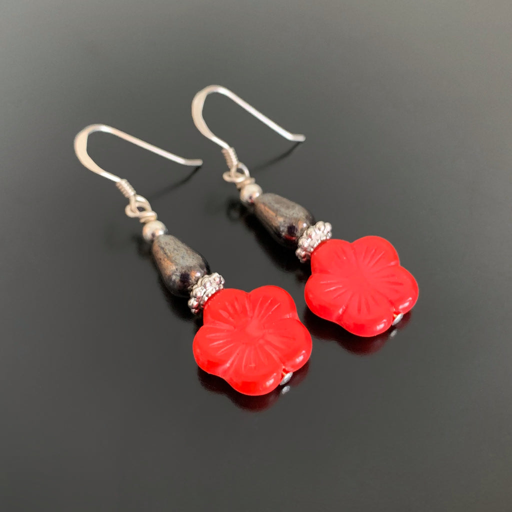 Flower Drop Earrings in Red