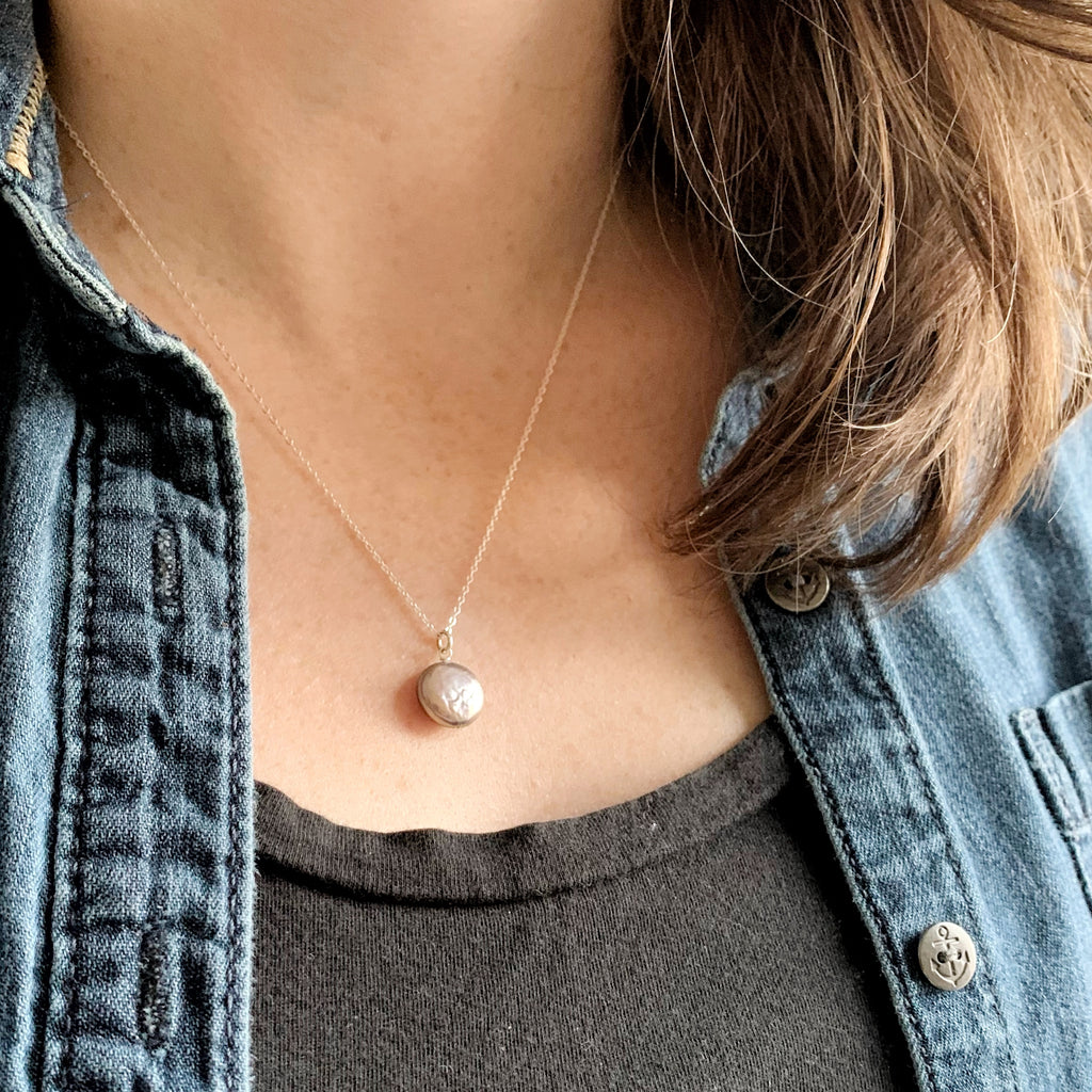 Grey Freshwater Coin Pearl Pendant on Sterling Silver Chain