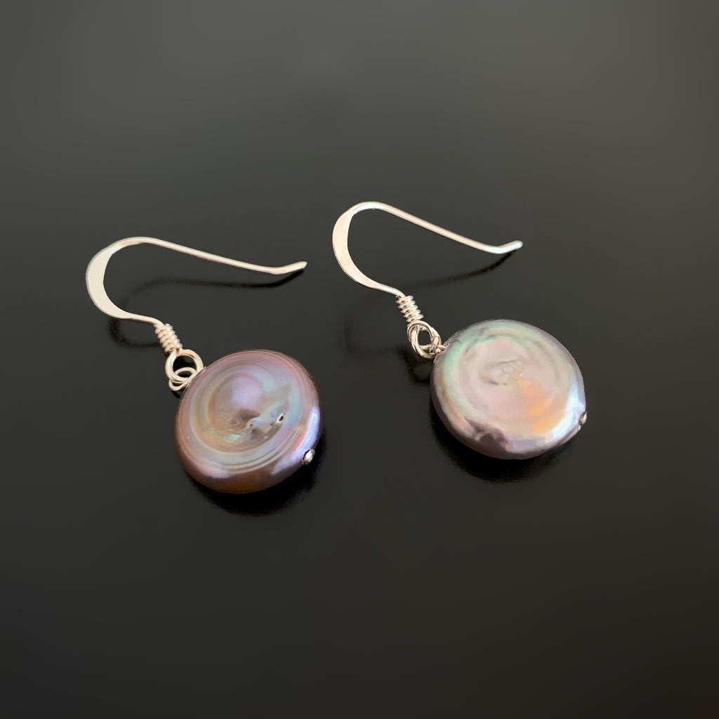 Grey Freshwater Coin Pearl Earrings