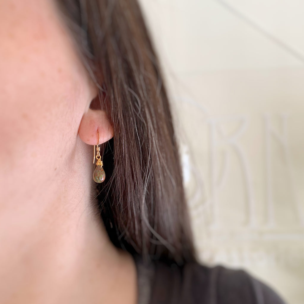 earthy green and brown glass tear drop earrings in gold