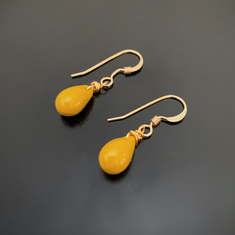 mustard yellow glass teardrop gold earrings