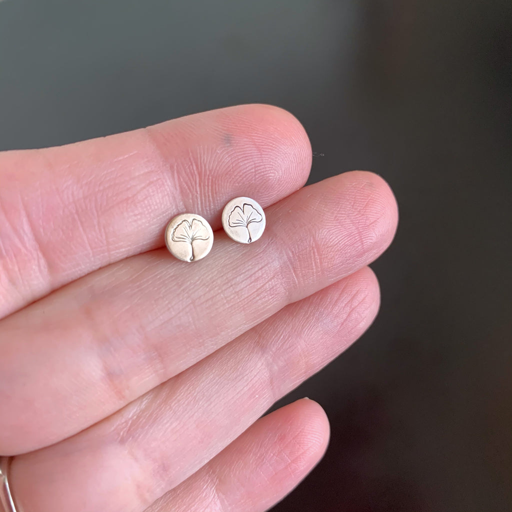 ginkgo leaves on a sterling silver circle post earrings