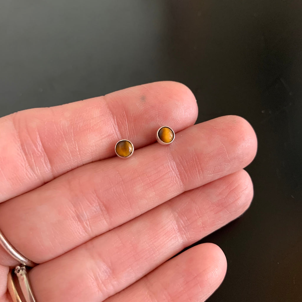 brown tigers eye round post sterling silver earrings