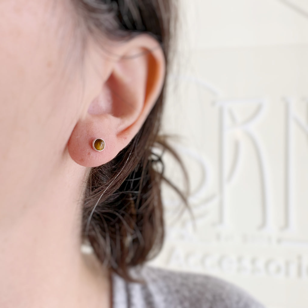 brown tiger eye round post style earrings in sterling silver