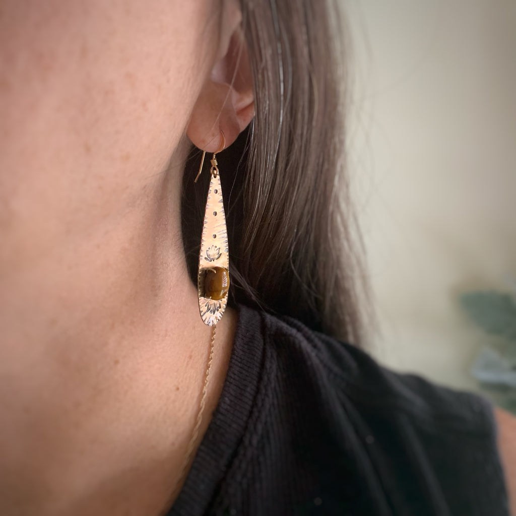 Long Golden Teardrop Earrings with Tigers Eye and Lotus Flower Motif