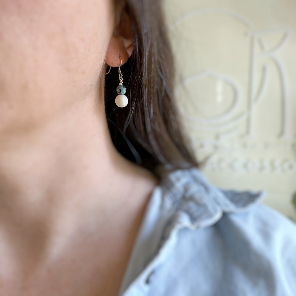 speckled turquoise drop earrings with white howlite and sterling silver ear wires