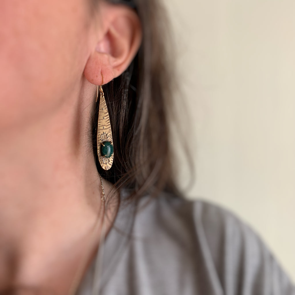 Long Golden Teardrop Earrings with Green Aventurine and Lotus Flower Motif