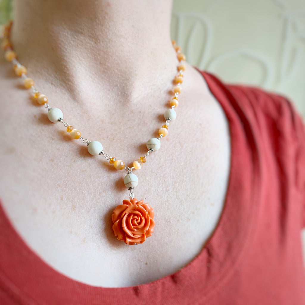 creamcicle rose necklace with handmade chain
