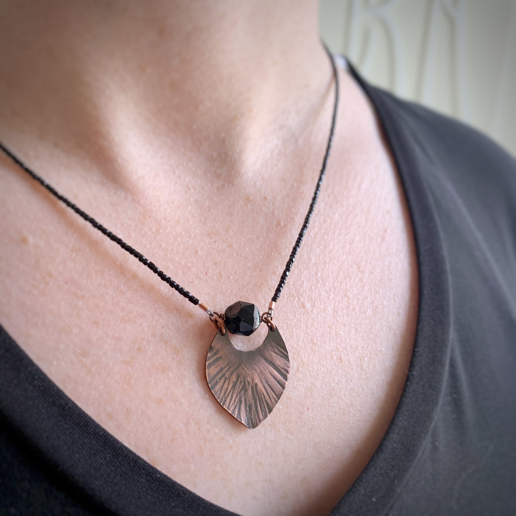 necklace pendant with handmade copper fan leaf and black glass