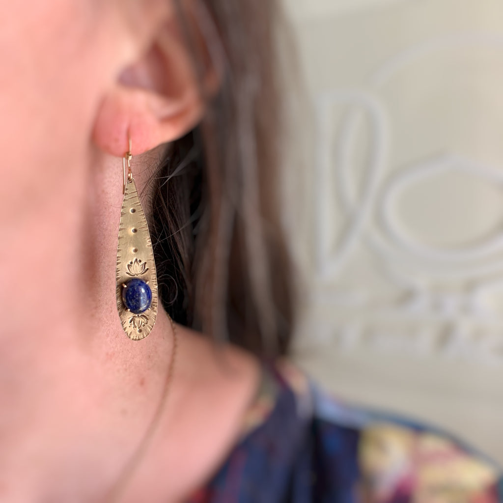 Long Golden Teardrop Earrings with Lapis and Lotus Flower Motif