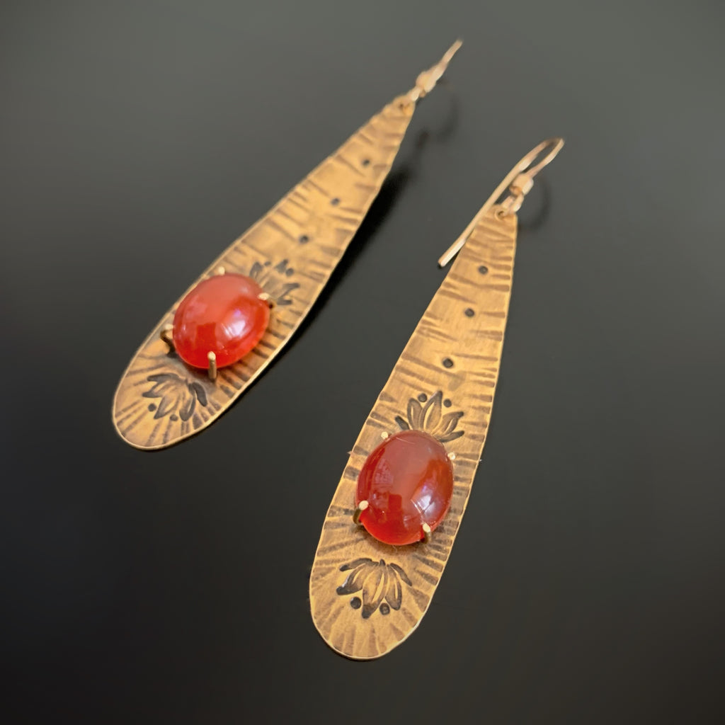 Long Golden Teardrop Earrings with Carnelian and Lotus Flower Motif