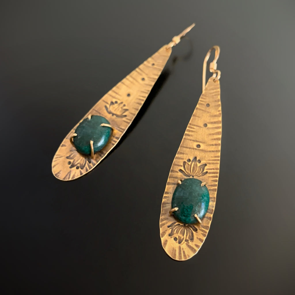 Long Golden Teardrop Earrings with Green Aventurine and Lotus Flower Motif