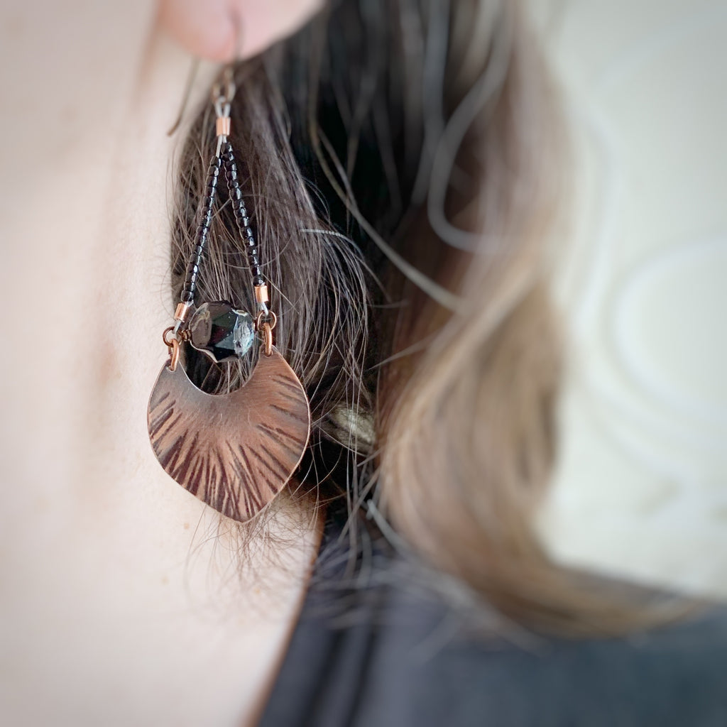 copper fan leaf earrings with black glass