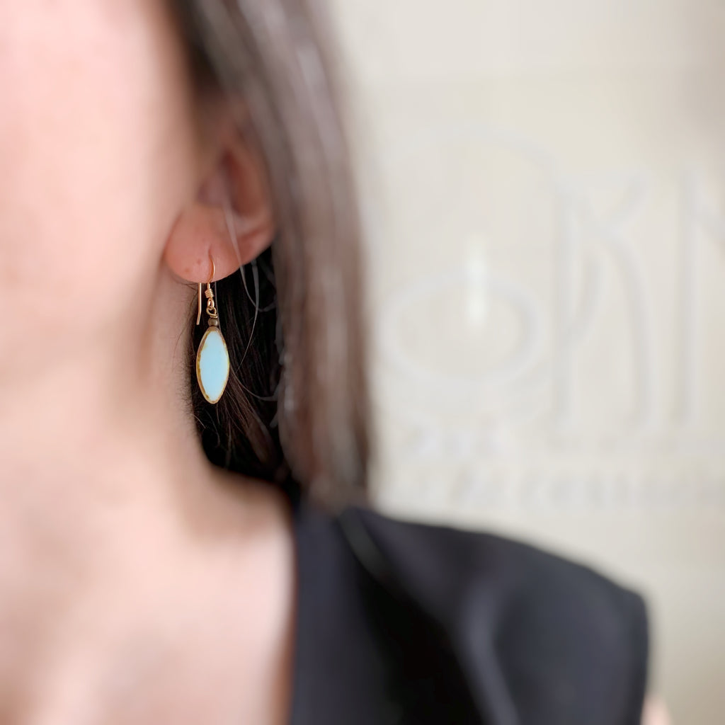 marquis shaped glass earrings in turquoise and gold