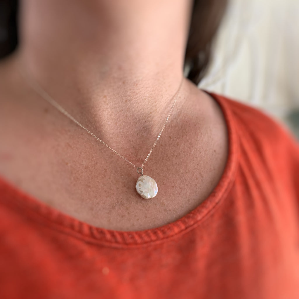Freshwater Coin Pearl Pendant on Sterling Silver Chain