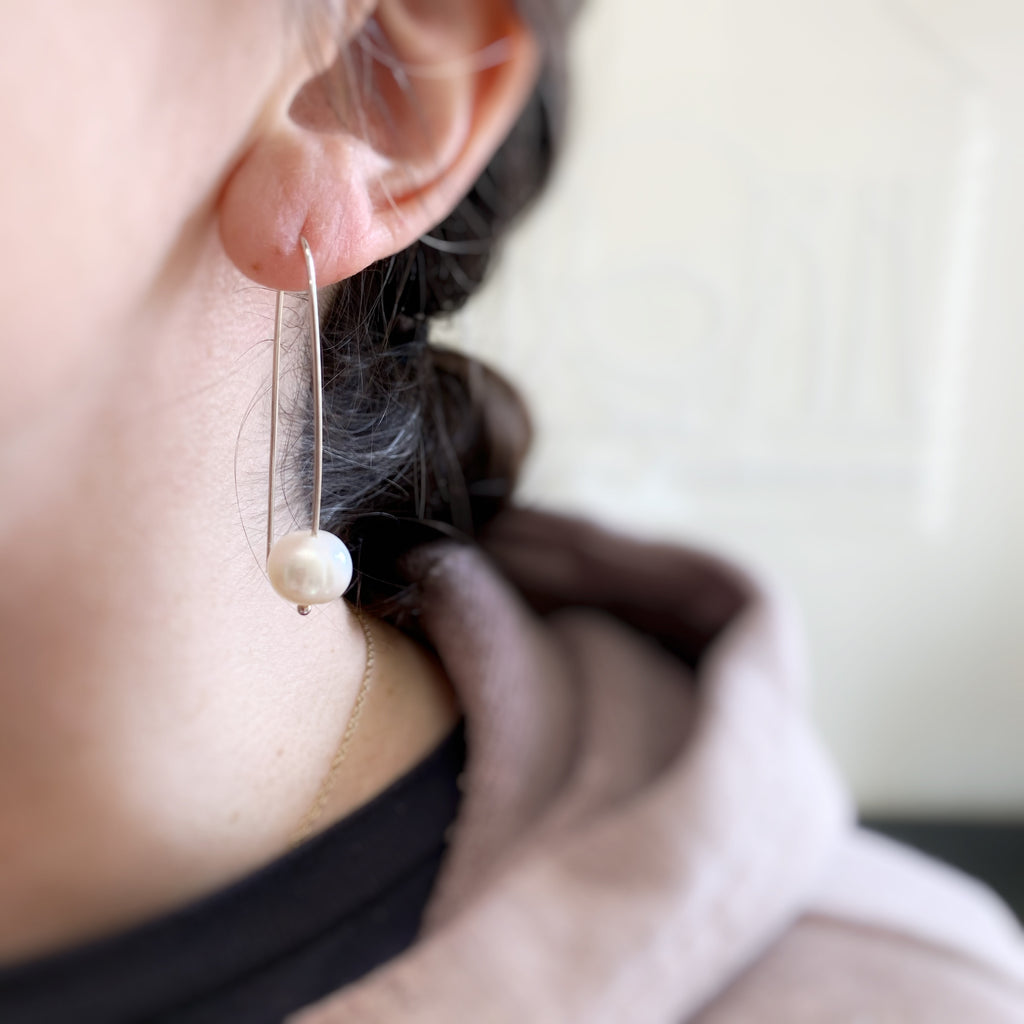 handmade in USA sterling silver and freshwater pearl earrings