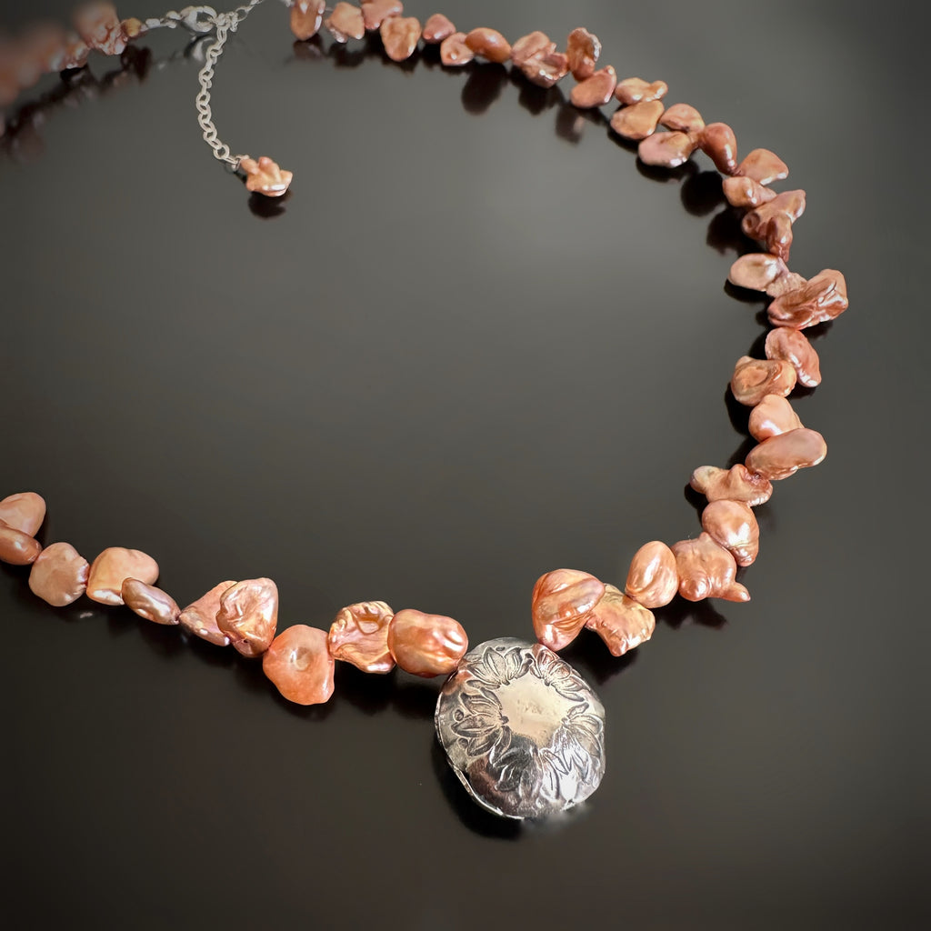 Sterling Lotus Flower Bead with coppery freshwater pearls necklace Adorn Jewelry and Accessories