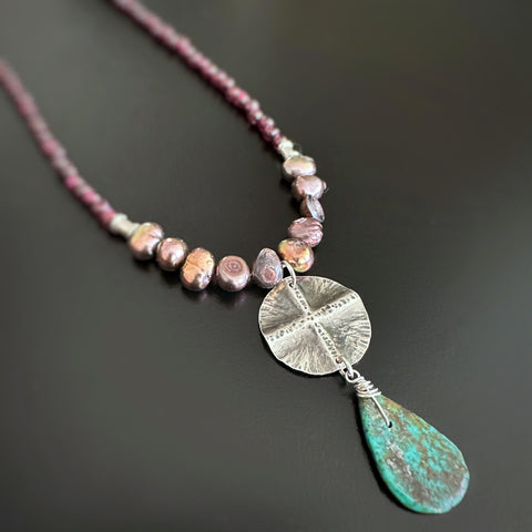 Mid-Century inspired sterling cross pendant with turquoise on beaded chain