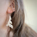 Silver earrings handcut from vintage silverplate in a leafy flourish engraved design. The french hook style ear wires are 304 grade surgical steel. Shown on model.