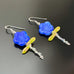 Blue colored Czech glass flower beaded earrings with stem and two leaves.