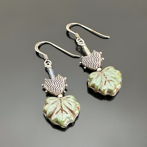 Sage Green colored Czech glass leaf beaded earring with a silvery heart on top.