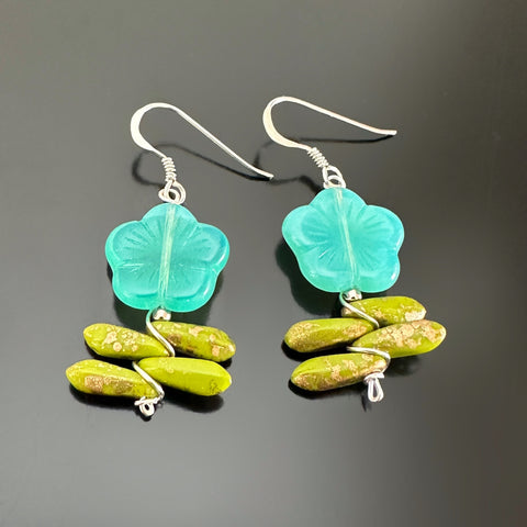 Sea Green colored Czech glass flower beaded earrings with leaves.