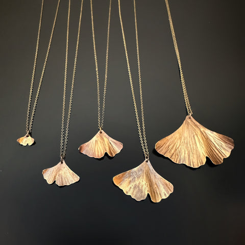 Oxidized brass ginkgo leaf pendant necklaces. Choose a size.