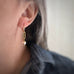Dangle earrings with a 6mm white crystal pearl dropping from a single link of gold tone paperclip style chain.  The earrings are a leverback style. Shown as worn.