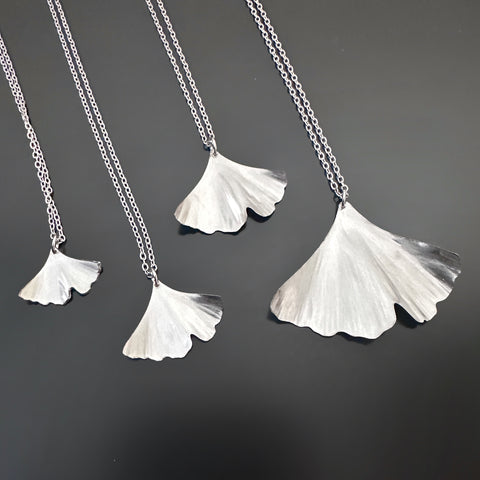 surgical grade 304 stainless steel handmade ginkgo leaf pendant necklaces in four different size options