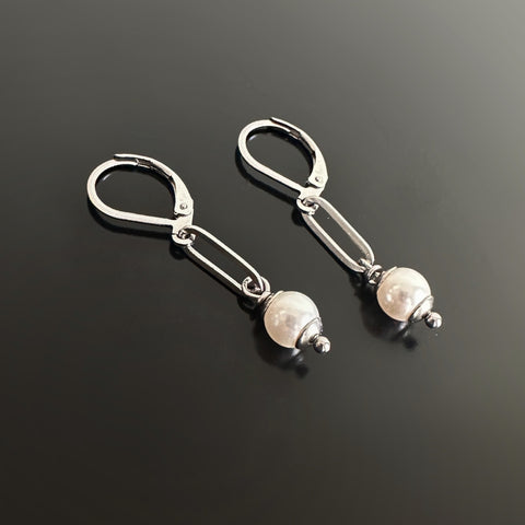 6mm white crystal pearl dangle earrings with paperclip style link and lever back ear wires