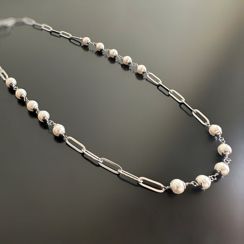 paperclip style chain, silvery surgical steel with 6mm white crystal pearl links within the chain.